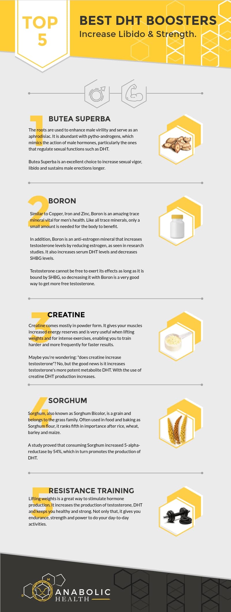 Top 5 natural DHT boosters — Butea Superba, Boron, Creatine, Zinc and resistance training — the same DHT that Epi-Andro elevates