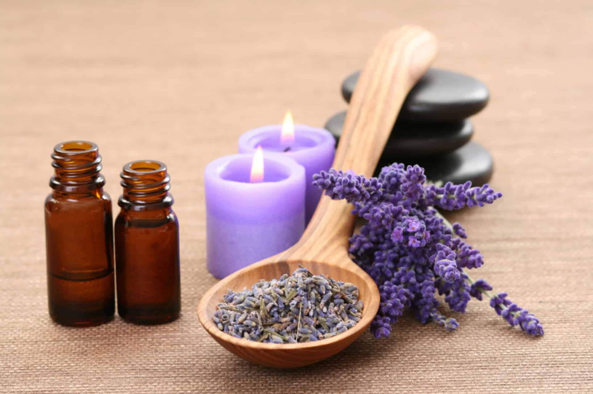 Lavender oil candles stones herbs